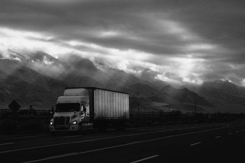 Semi truck in black and white photo